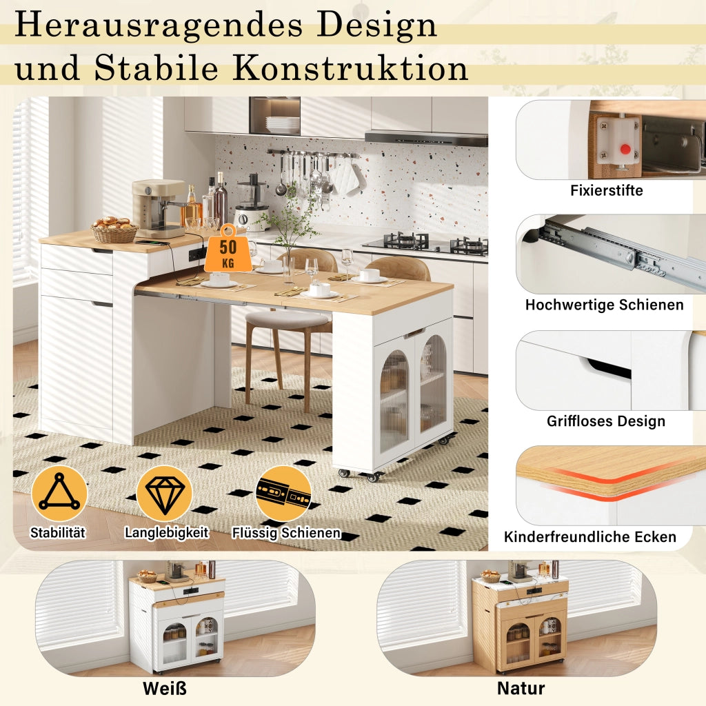 Tavolo allungabile multifunzionale con sideboard, ante in vetro, 2 cassetti, MDF e vetro, bianco