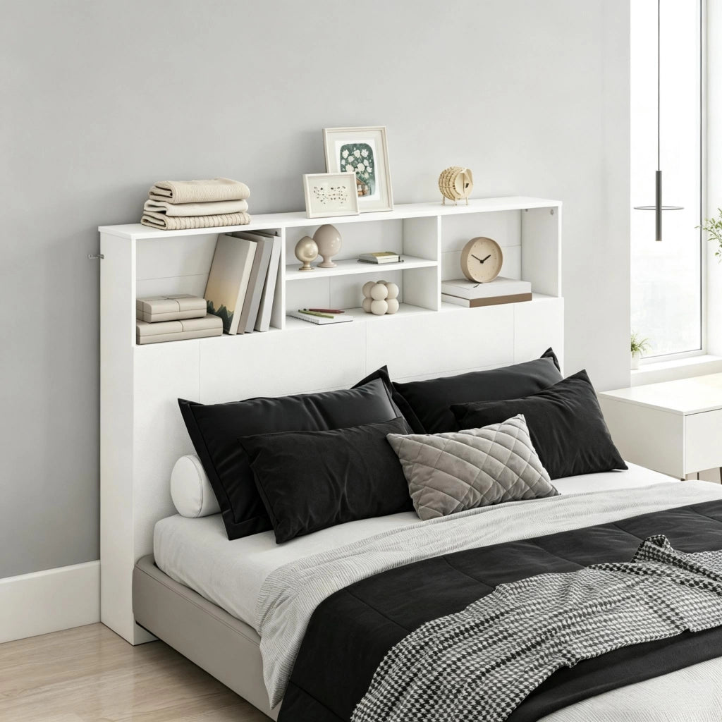 Testiera letto con 4 vani aperti e fissaggio a parete per camera in MDF e truciolato bianco 140×19×103.5 cm