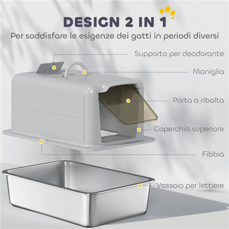 LETTIERA PER GATTI CHIUSA CON VASSOIO IN ACCIAIO, PALETTA E FILTRI, 40.5X60.5X41.5 CM, GRIGIO E ARGENTO