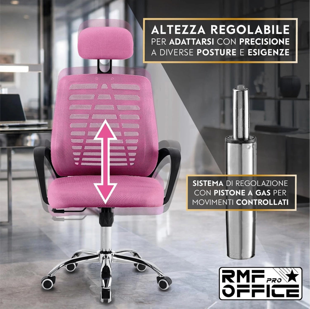 RMF Sedia Ufficio Ergonomica Professionale Reclinabile, Sedia Scrivania in Rete con Seduta Comoda e Rilassante - Poltrona Relax Ufficio con Ruote Girevoli Altezza Regolabile ROSA