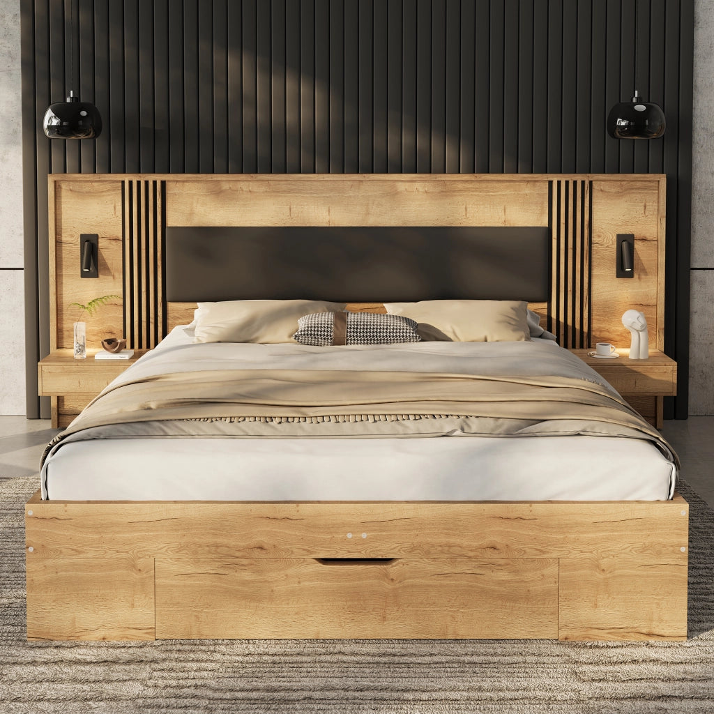 Letto Matrimoniale Contenitore con Comodini e Cassetti, con Materasso ¨C MINIMAL ¨C Legno, 180x200