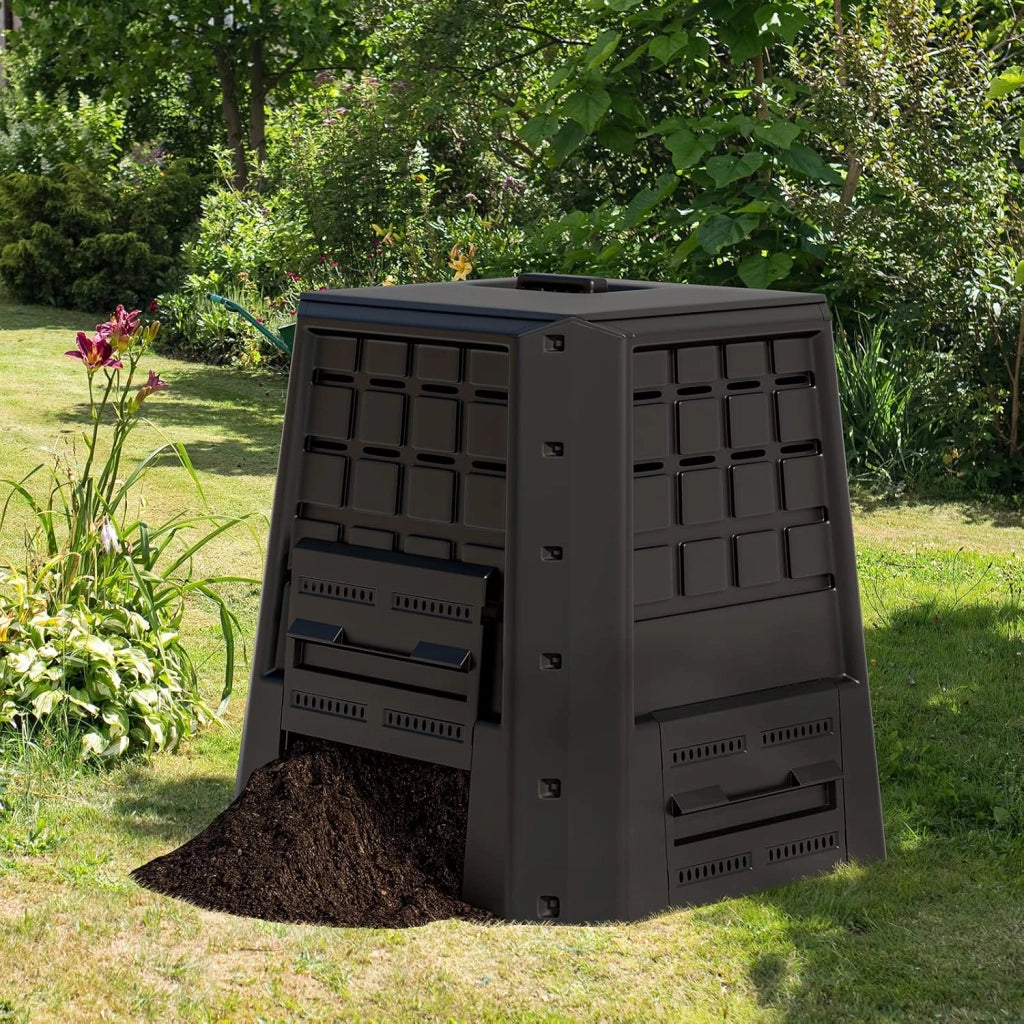 Compostiera da Giardino da 380L, Bidone per Compostaggio da Esterno con Coperchio e Prese d'Aria Regolabili, Barile per Compost per Creare Terreno Fertile Velocemente