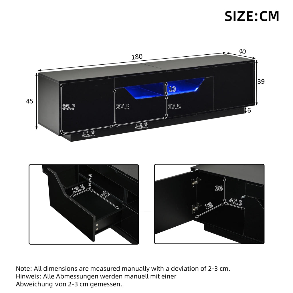Mobile TV da terra 180x40x45 cm con 2 cassetti, 2 ante e LED, nero