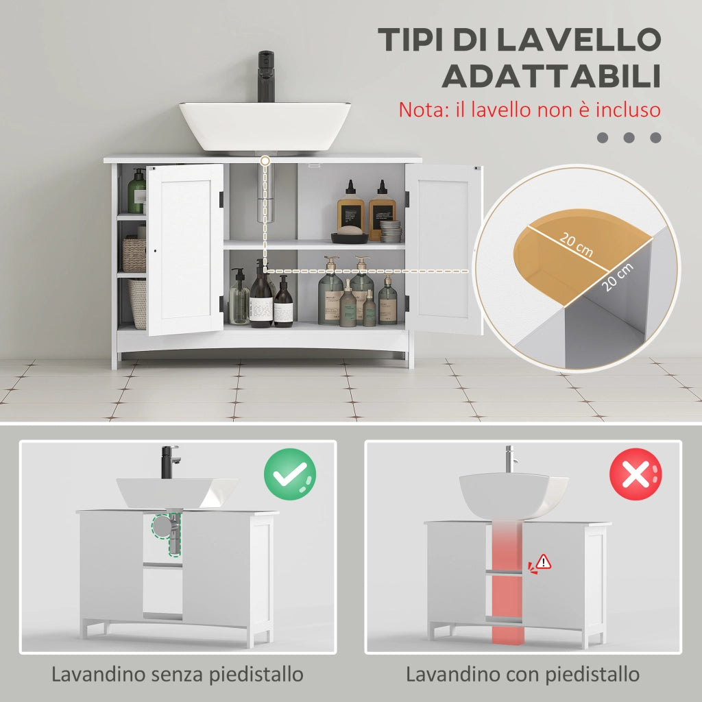 Mobile Sottolavabo Bagno con Armadietto 2 Ante e 3 Ripiani Aperti ¨C Minimal ¨C Legno Bianco 90x30x60cm
