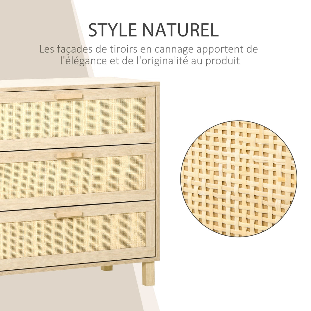 Com¨° 3 Cassetti Cannage in Rattan ¨C zephmum ¨C MDF Effetto Legno Chiaro 80x40x80 cm