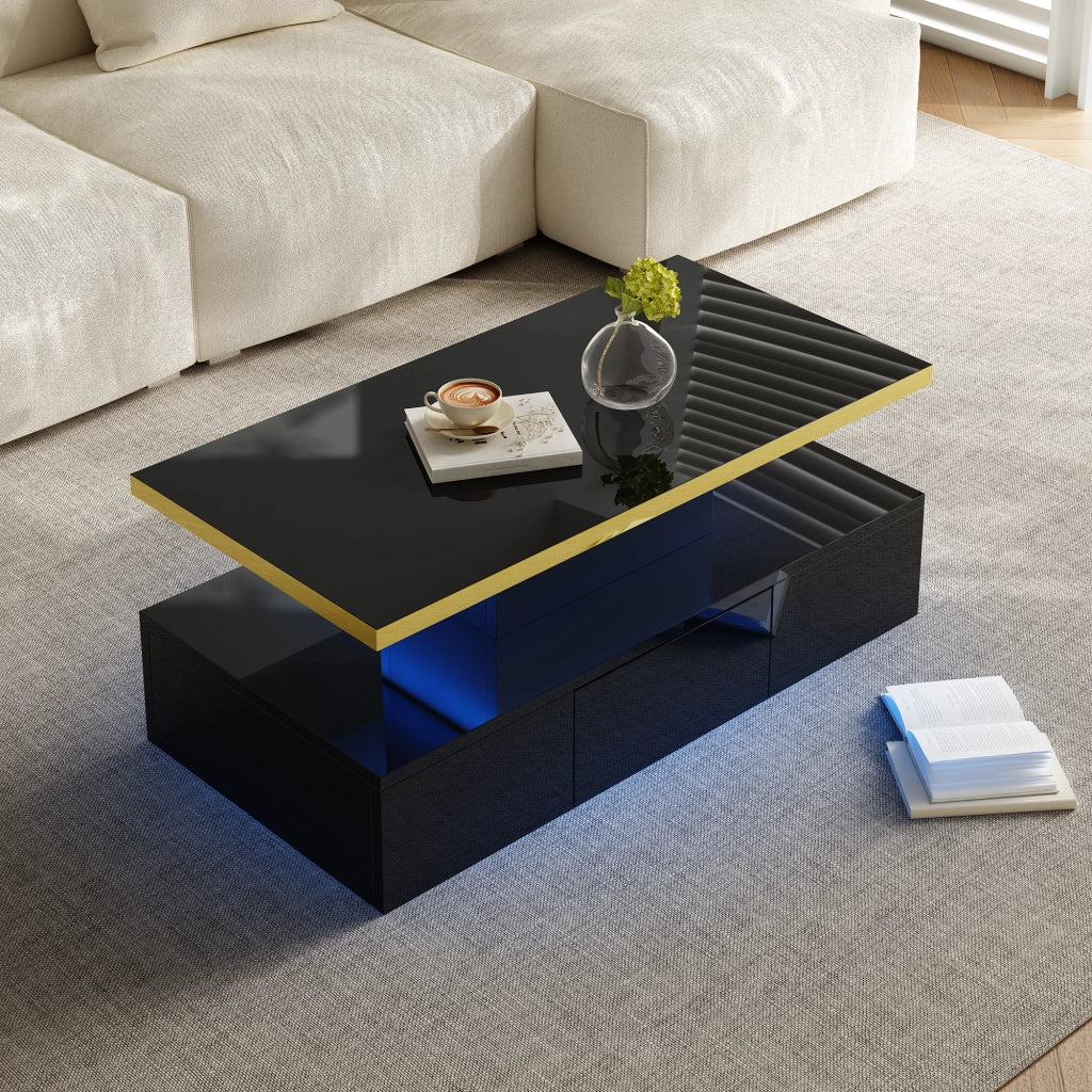 Tavolino da caffè con 1 Cassetto e 2 Ripiani; con LED; Laccato Lucido; Stile Moderno; in Pannello truciolare; Nero; 100×50×39 cm