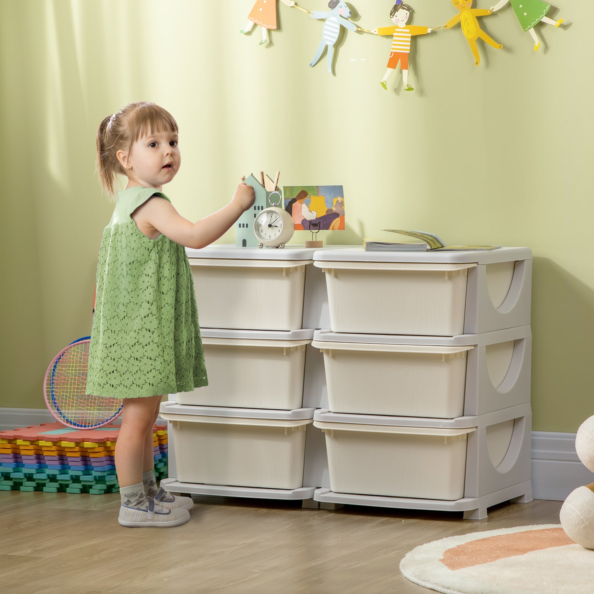 Cassettiera Portagiochi per Bambini 3-6 Anni 75x37x56.5 cm 6 Cassetti con Bordi Arrotondati in PP Bianco Crema