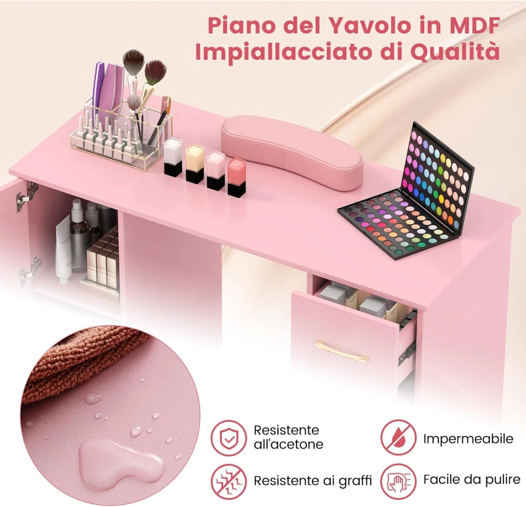 COSTWAY Tavolo per Manicure, Tavolo per Unghie con Cassetti, Cuscino Poggia Polsi e Gambe in Metallo, Stazione per Unghie Estetista Nail Art per Salone di Bellezza (Rosa)