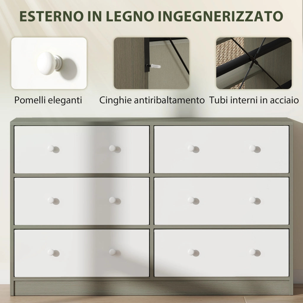 Cassettiera con 6 Cassetti in Tessuto 114x30x70 cm con Maniglie Doppie Struttura in MDF Bianco e Grigio