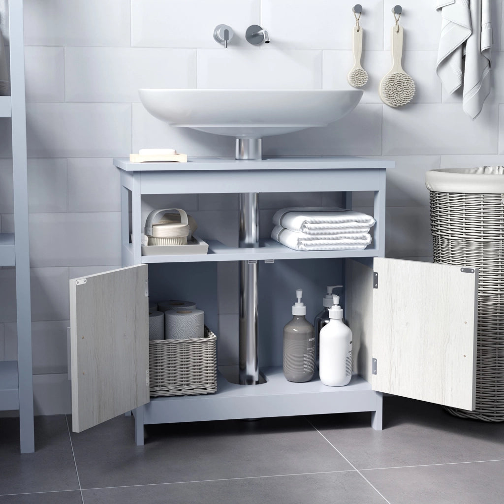 Easycomfort Mobile Sottolavabo Bagno con Armadietto e Ripiano Aperto, 60x30x62cm, Grigio e Legno Naturale