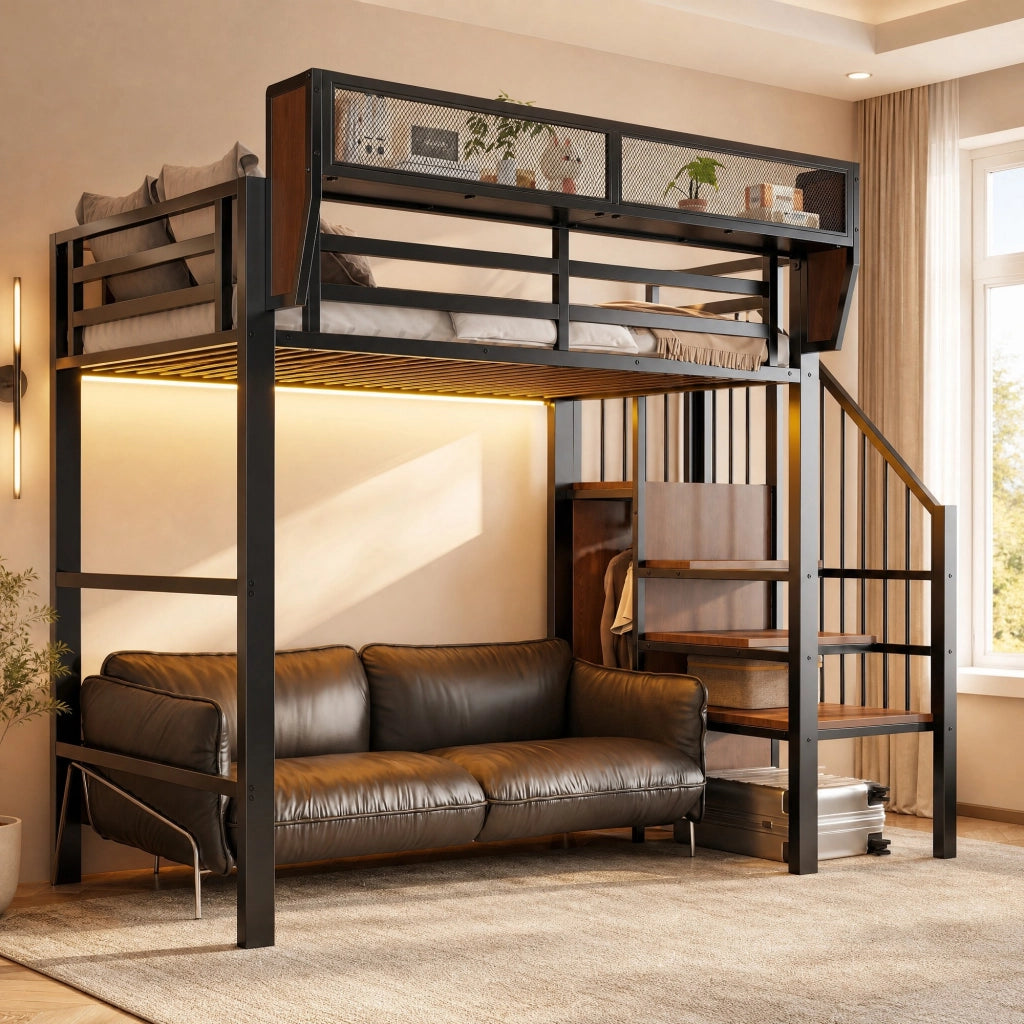 Hochbett metallico 90x200 cm con LED, scala di sicurezza e ripiani flessibili, struttura nera