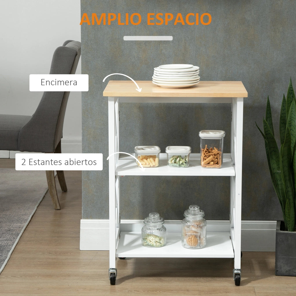 Carro da cucina pleghevole con 2 ripiani e ruote ¨C zephmum ¨C 60x40x84 cm bianco