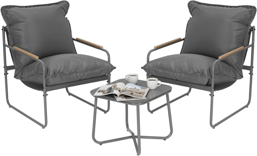 Set 3 Pezzi Salotto da Giardino per 2 Persone, Mobili da Esterno con 1 Tavolino e 2 Sedie con Cuscini Rimovibili, per Giardino, Terrazza e Balcone, in Metallo, Grigio