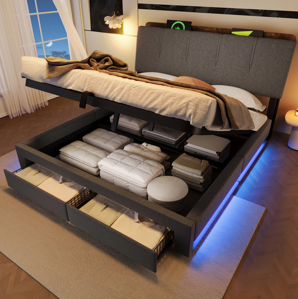 LETTO Contenitore 140x200 cm Grigio in lino con USB e Type-C