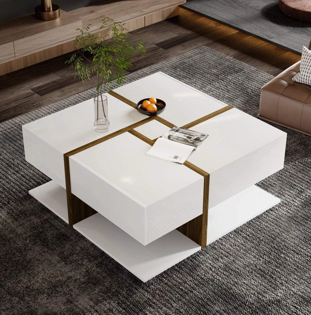 Tavolino da caffè quadrato 78 x 78 x 34;8 cm con 4 cassetti; effetto lucido; bianco