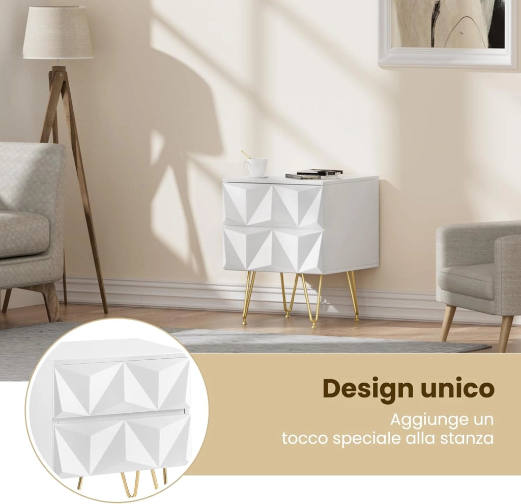 Comodino per Camera da Letto, Comodino Bianco con 2 Cassetti e Gambe Dorate, 40x40x53cm, Tavolino da Salotto, Divano, Cameretta, Frontale in Rilievo, in Legno e Metallo, 0001CTG