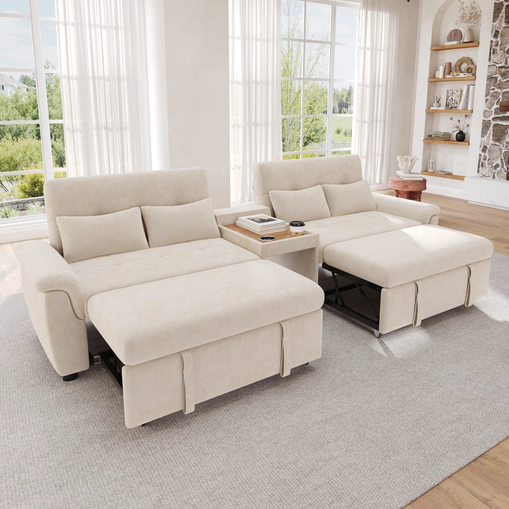 Divano letto estraibile a 2 posti letto con schienale reclinabile, console centrale con 2 portabicchieri, tessuto Chenille beige, 284¡Á138¡Á89 cm