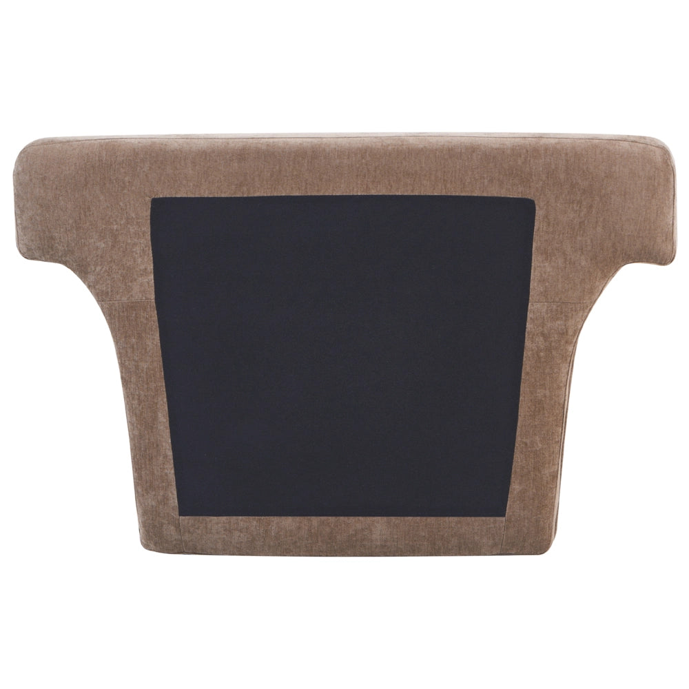 Poltrona marrone rivestita in ciniglia con gambe rotonde in legno e braccioli per soggiorno, angolo lettura, stile moderno minimalista