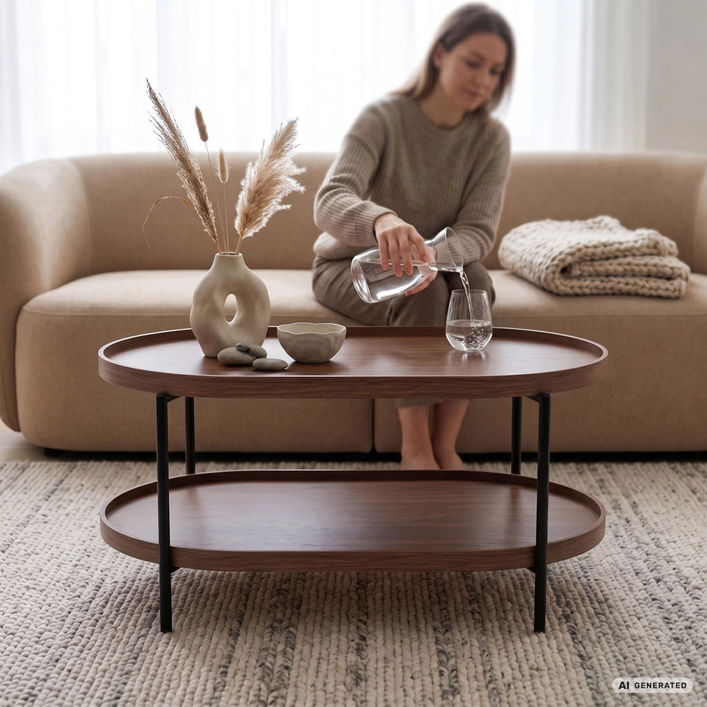 Tavolino da salotto stile loft CORTADO 90 cm ovale con ripiano noce gambe nere