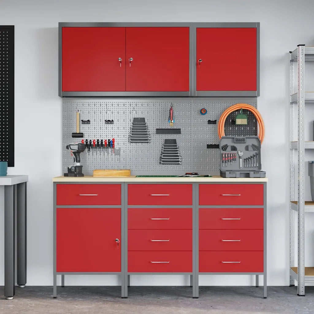 Mobile da lavoro 8 pcs Rosso Legno ingegnerizzato e acciaio 3321447