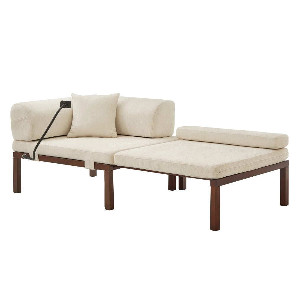 Divano letto pieghevole in legno massello con letto estraibile singolo, beige