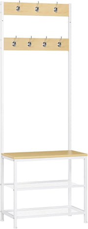 Appendiabiti Panca Porta Scarpe 3 in 1, Scaffale per Scarpe a 2 Livelli con Sedile e 7 Ganci, per Corridoio/Ingresso, Metallo + Legno Ingegnerizzato, Bianco + Rovere Chiaro, 60x31,5x170cm