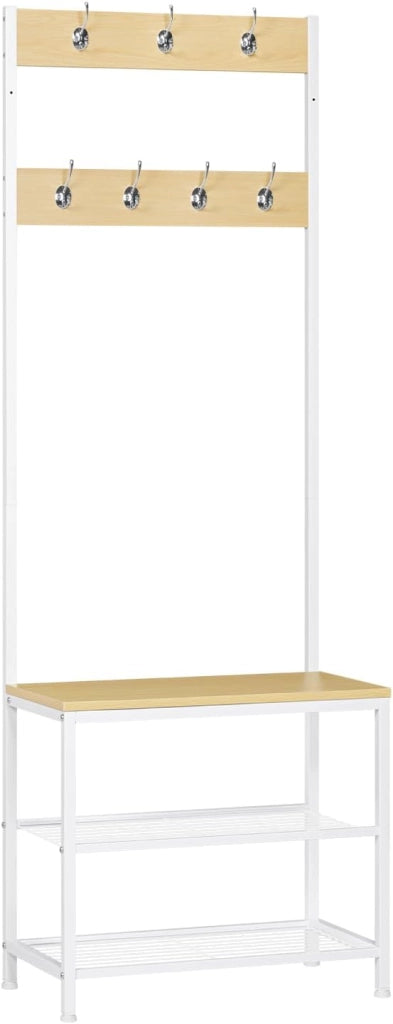 Appendiabiti Panca Porta Scarpe 3 in 1, Scaffale per Scarpe a 2 Livelli con Sedile e 7 Ganci, per Corridoio/Ingresso, Metallo + Legno Ingegnerizzato, Bianco + Rovere Chiaro, 60x31,5x170cm