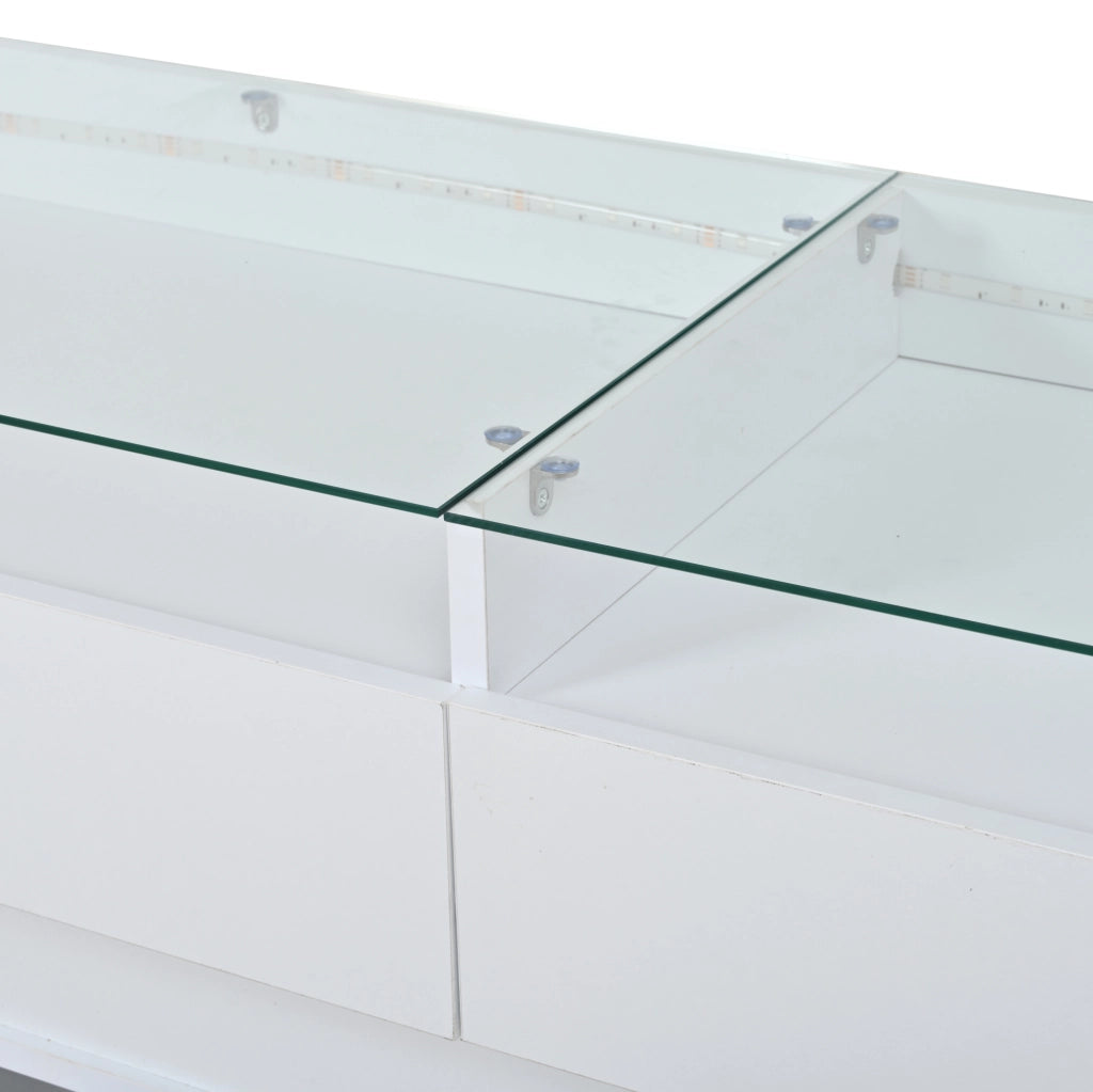 Credenza 140x40x70 cm in MDF bianco con piano in vetro temperato， 2 cassetti e LED