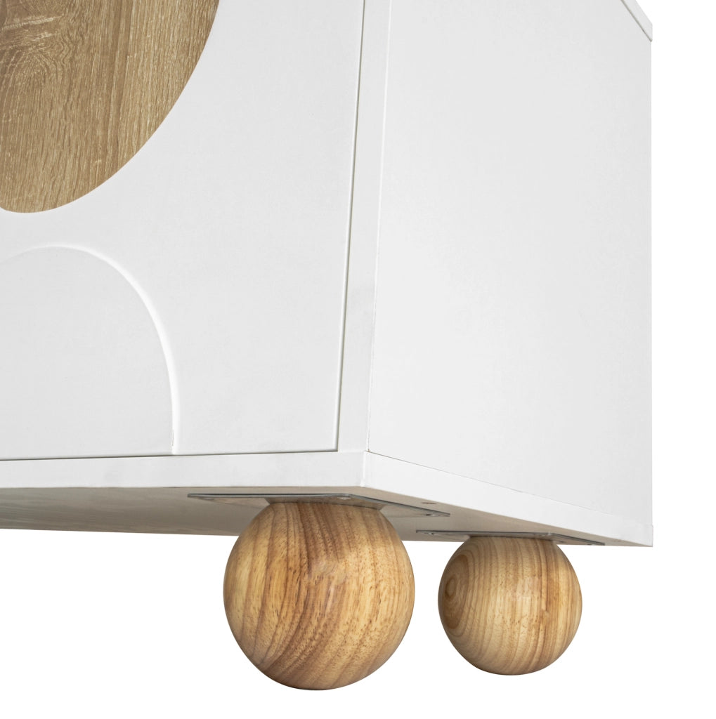 Mobile TV 175x38x50 cm con quattro vani; gambe rotonde in legno; MDF; naturale e bianco