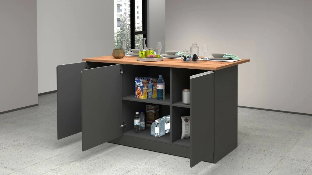 Isola da cucina Tartaro, Tavolo ausiliario portaoggetti, Mobile da cucina a 3 ante, 100% Made in Italy, 155x90h90 cm, Antracite e Rovere