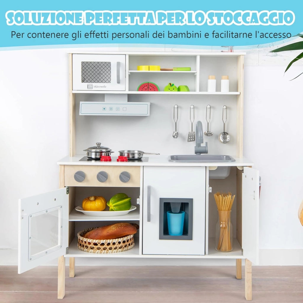 Cucina Giocattolo per Bambini in Legno, Cucina per Bambini con Microonde, Cappa Aspirante, Forno, Macchina del Ghiaccio, Lavello e Rubinetto, Manopole con Suoni, per Bambini 3-6 Anni (Bianco)