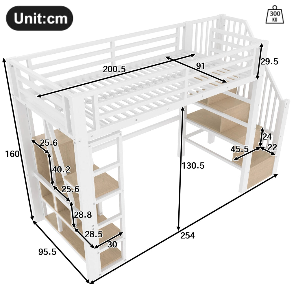 Letto a soppalco 90x200 cm in metallo e MDF; con LED; ripiani integrati; bianco