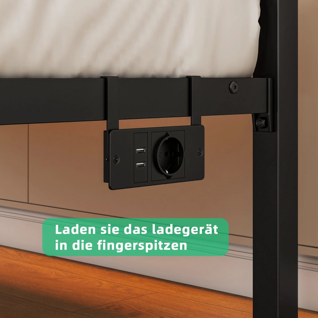 LETTO 90x200 cm in metallo nero con testiera in legno, LED RGB e USB