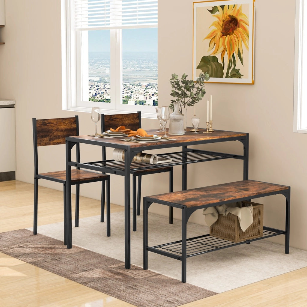 Set da pranzo 4 pezzi con telaio in metallo ripiano portaoggetti, Tavolo da pranzo con 2 sedie panca per 4 persone Marrone-Tavoli e sedie da pranzo