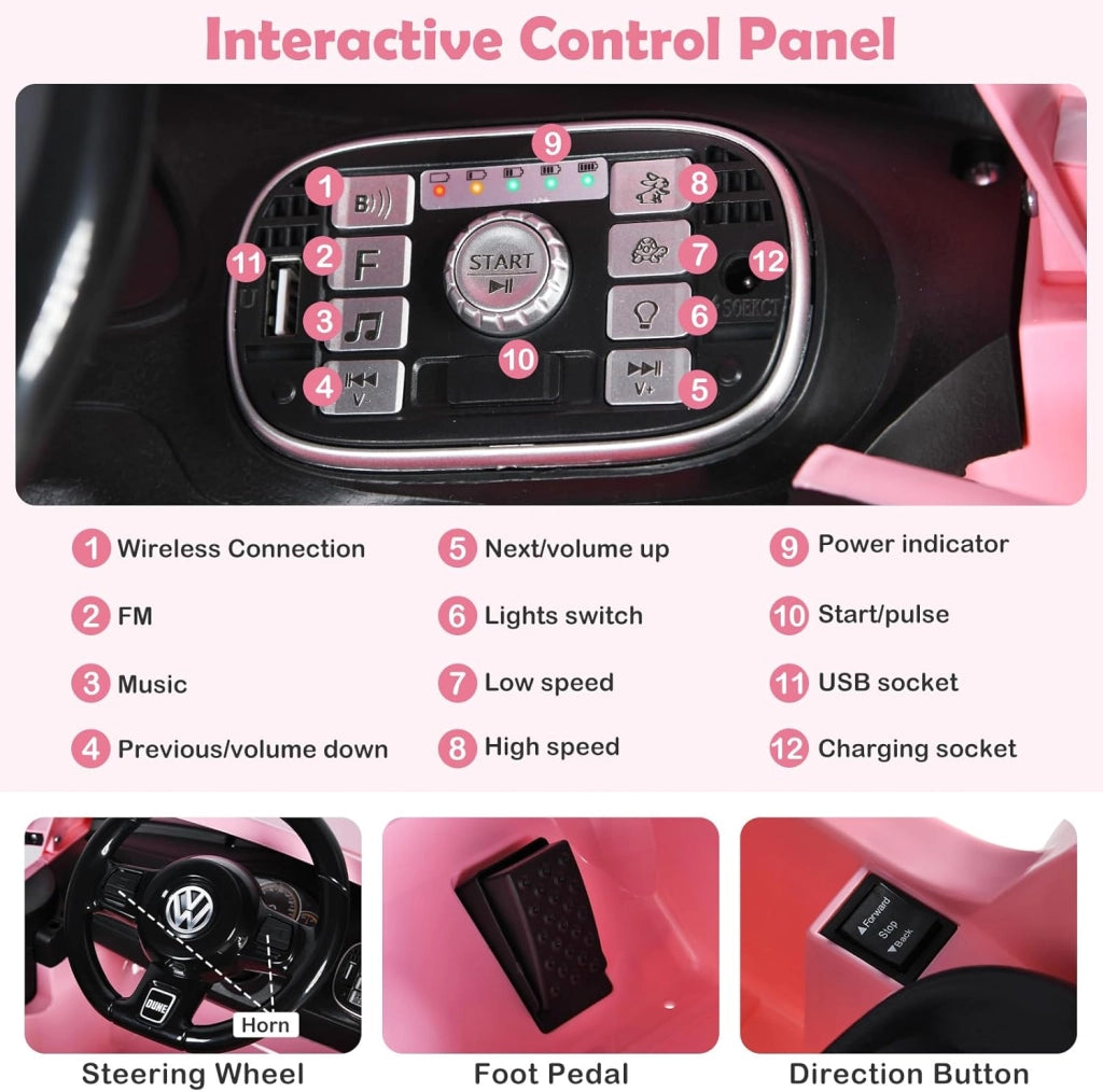 Macchina Elettrica per Bambini Volkswagen Beetle Maggiolino 12V con Telecomando, Auto Elettrico a Pedale, Veicoli con Musica, Fari LED e Clacson, 3-5km/h, Carico 30 kg, 3-8 Anni (Rosa)