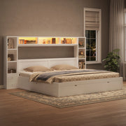 Letto contenitore 180x200 cm con testiera libreria; 7 cassetti e LED; bianco