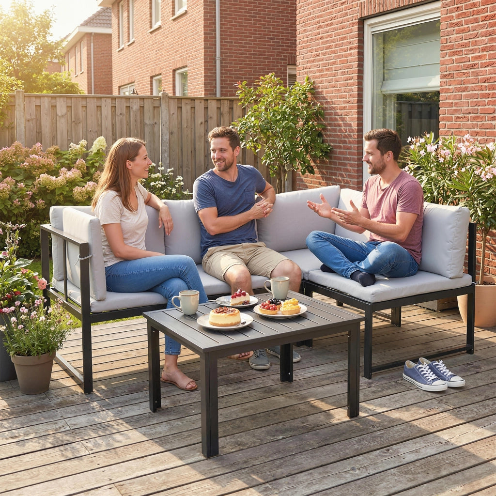 Set da Giardino 3 Pezzi con Divano Angolare 4 Posti e Tavolino ¨C zephmum ¨C Grigio Metallo Poliestere