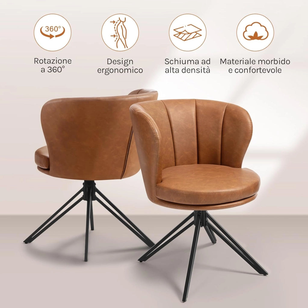 Set di 2 Sedie Sala da Pranzo, Sedie Ergonomiche in PU, Girevole a 360°, per Cucina, Soggiorno, Camera da Letto, Marrone