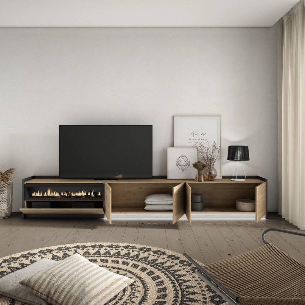 Mobile TV Soggiorno, 310x50x37 cm, Per TV fino a 80", Camino elettrico, LED, Rovere e nero