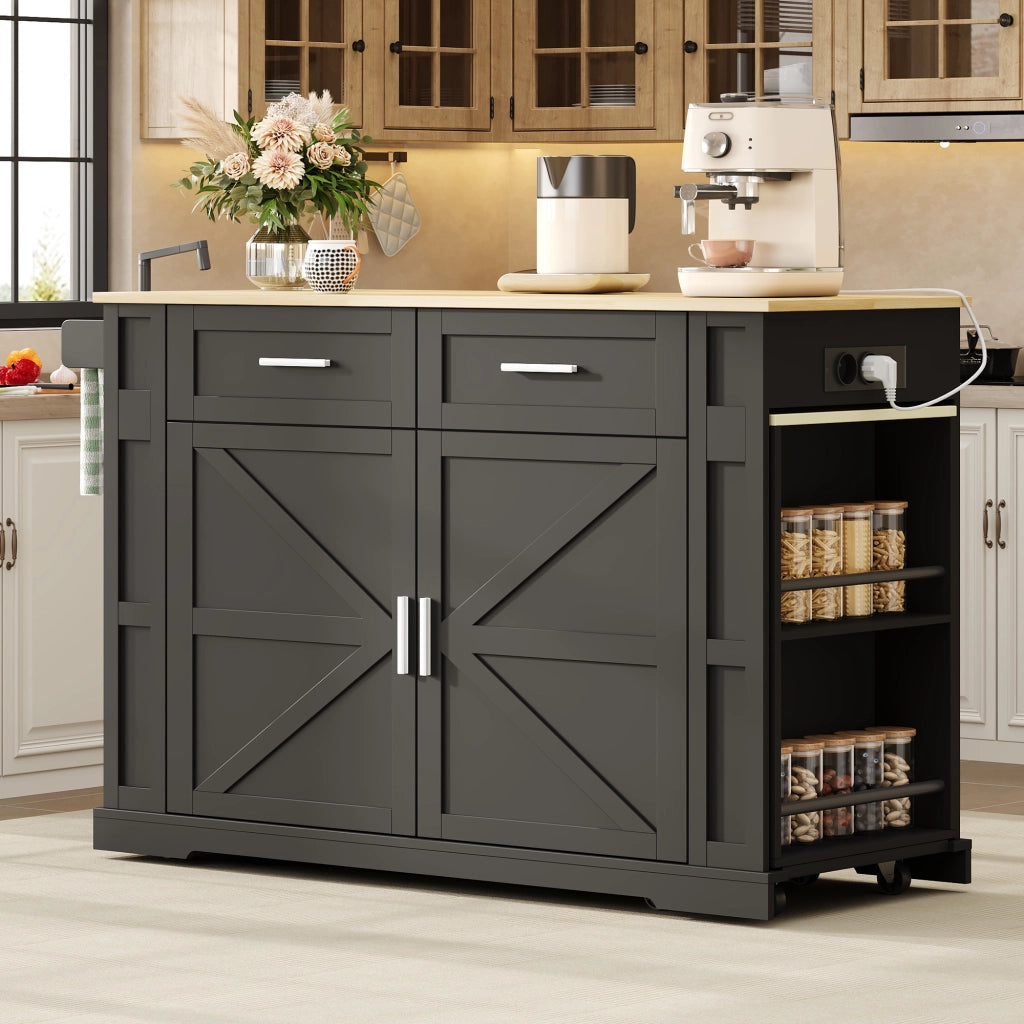 Isola da cucina mobile con piano estraibile, prese integrate, 2 cassetti, armadio a doppia anta e ruote con freno