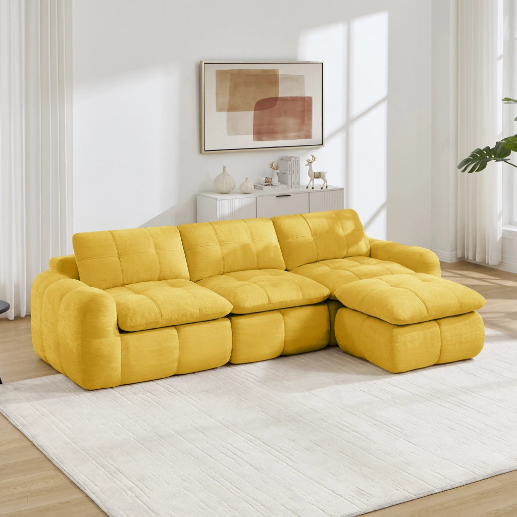 Divano modulare angolare 3 posti senza montaggio con seduta ergonomica in chenille gialla 264 × 160 × 68 cm