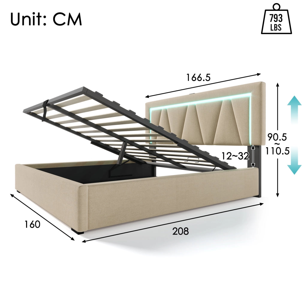Letto matrimoniale 160x200 cm in lino beige con LED; USB e porta Type-C; contenitore