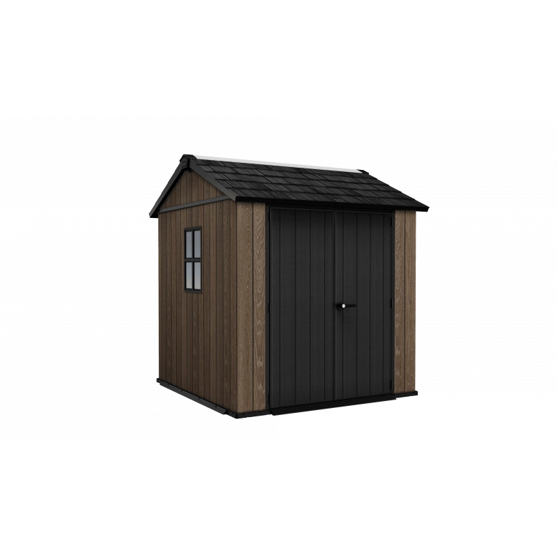 Casetta da giardino in resina effetto legno EVOTECH+ 223,8x230 cm - pavimento e doppia porta - carico neve 150 kg/m² – Apex 757/775 Signature Walnut - Keter