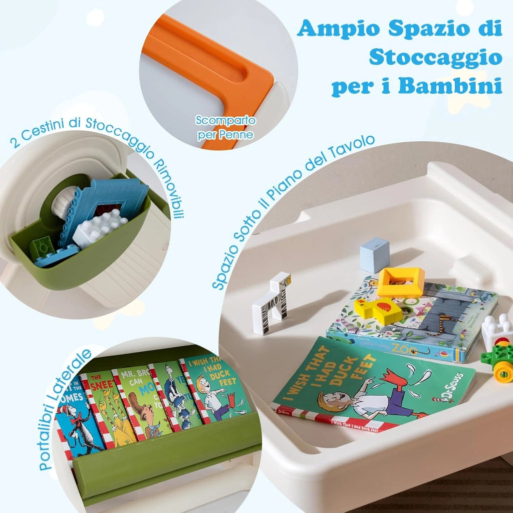 Set Tavolo e Sedia 6 in 1 per Bambini 18+ Mesi, Tavolino Pieghevole con Piano Reversibile, Porta Penne, Cesti Contenitori e Scaffale, Tavolo Salvaspazio per Giochi per Cameretta (Arancione)