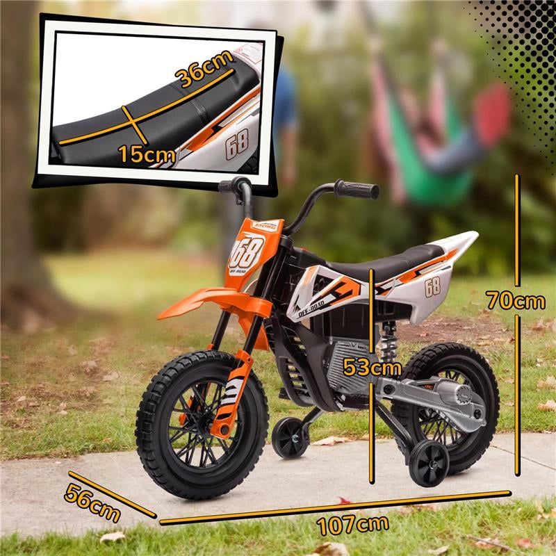 MOTO ELETTRICA PER BAMBINI CON ROTELLE RIMOVIBILI, SOSPENSIONI, SUONI E INDICATORE DI CARICA, ARANCIONE