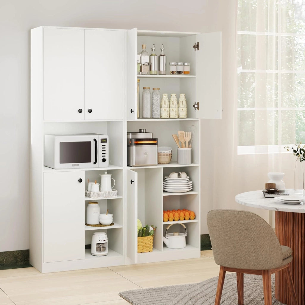 Credenza Alta da Cucina 166 cm, Mobile Cucina Dispensa con 3 Porte, 2 Cassetti e 4 Ripiani Aperti, Mobile Buffet Multifunzionale per Bagno, Soggiorno, Sala da Pranzo, 60×33×166 cm (Bianco)