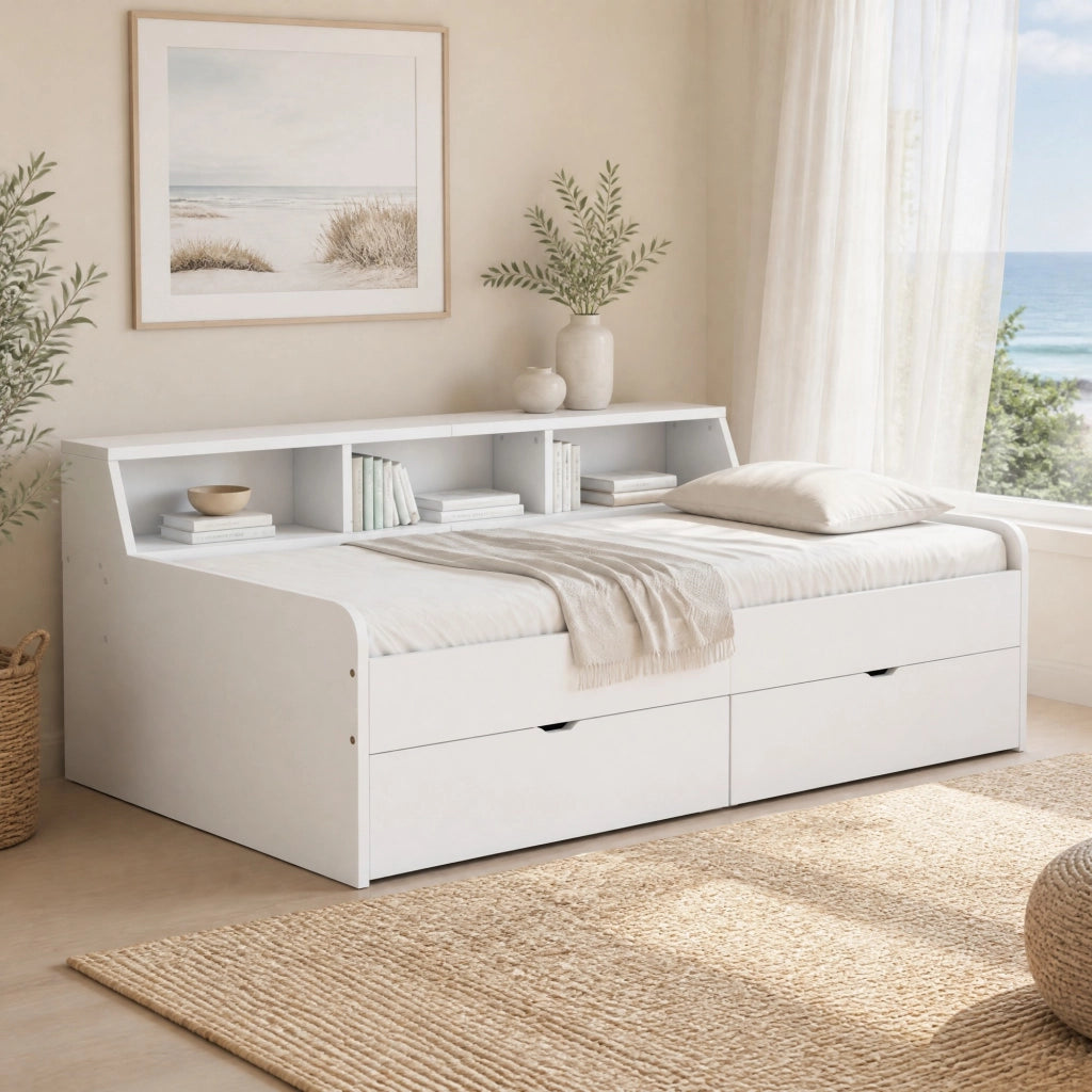 Letto da giorno 90x200 cm bianco con cassetti e vani laterali