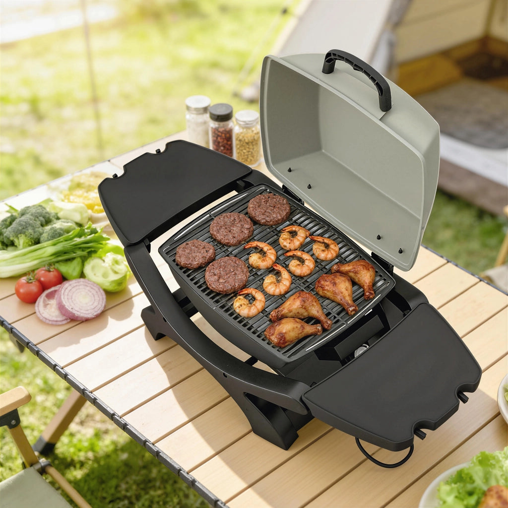 Barbecue Elettrico 2300W Portatile da Tavolo con Ripiani Laterali in Acciaio e Ghisa Nero