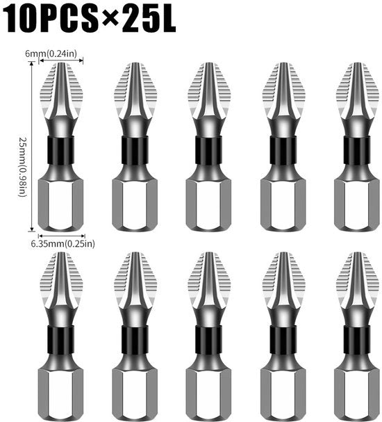 Kit di punte antiscivolo Phillips, durezza extra hard, alta durezza, resistente alla corrosione, set di punte per trapano elettrico, set di punte per drizza schiacci, confezione da 10 pezzi [25L]