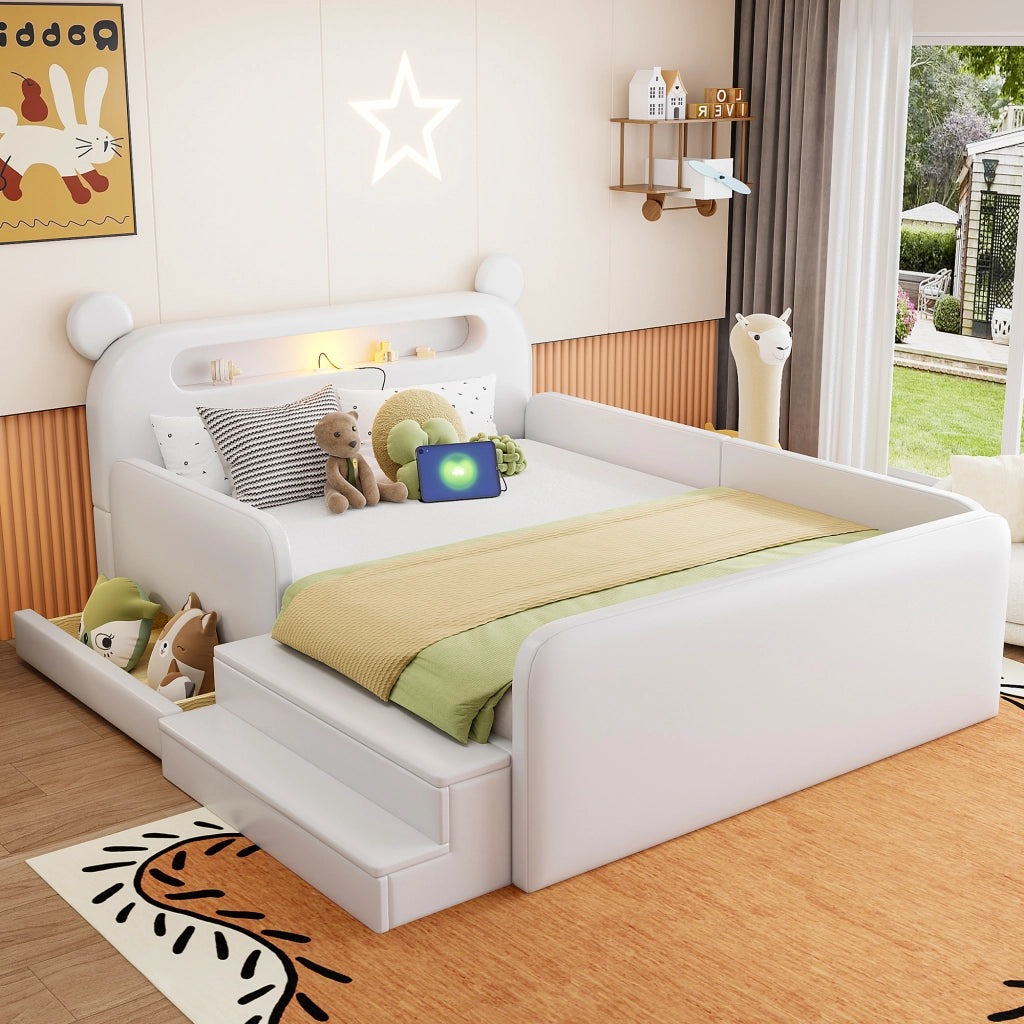 Letto imbottito per bambini con testiera a orso e USB, 140x200 cm, bianco